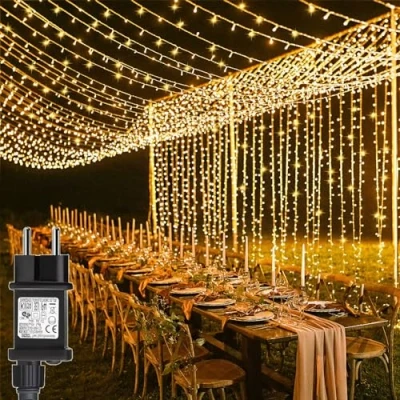 Bild av Yowin Ljusslinga, 6 m x 3 m, 600 LED ljusslingor, gardin med kontakt, 8 lägen, ljusgardin, utomhus, vattentät, vattenfall, ljuskedja för rum, bröllop, trädgård, pergola, inomhus,