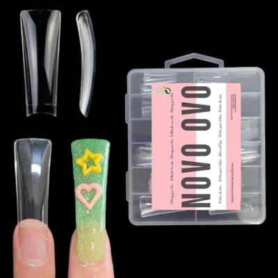 Bild av NOVO OVO 110 stycken extra långa anka nagelspetsar halvt skydd, lång duck feet nail tips halvskydd, klar XL, XXL, mjuk gelplatta, Y2K, breda franska naglar för akryl x 11 storlekar