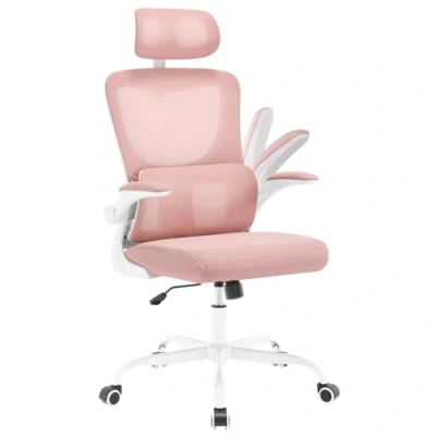 Bild av WOLTU Ergonomisk kontorsstol, skrivbordsstol, gungfunktion, nätstol med ländryggsstöd, justerbart nackstöd, fällbara armstöd, svängbar stol, rosa, BS161rsw
