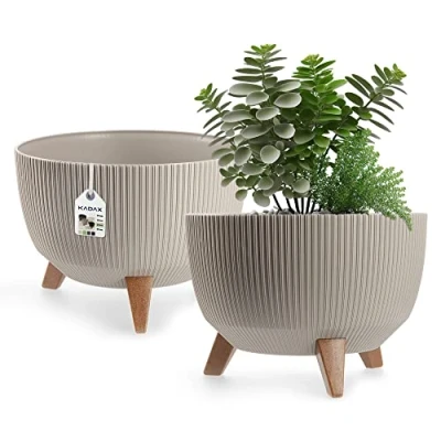 Bild av KADAX Blomkruka av plast med tre insticksstöd, rund blomskål, planteringskruka, blomkruka, växtskål för balkong, vardagsrum (33 cm Ø/taupe)