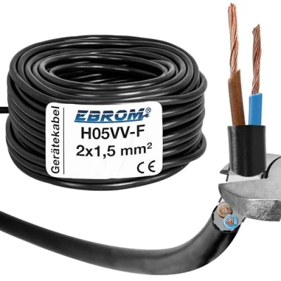 Bild av EBROM Plastslangledning rund, kabel, strömkabel, enhetskabel H05VV F 2 x 1,5 mm² färg: svart Många längder i steg om 5 meter upp till 200 mm2, din kabellängd: 15
