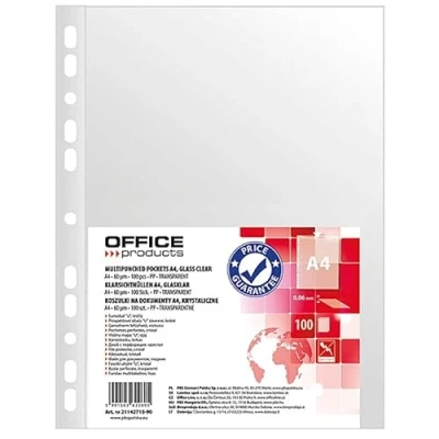 Bild av OFFICE PRODUCTS broschyr/genomskinliga fodral glasklar A4/100 stycken/överdel, öppen, transparenta fodral, perforerat plastfodral/transparent 60 mikron/förstärkt kant