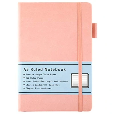 Bild av A5 linjerad, linjerad anteckningsbok med hårt omslag fodrad dagbok premium 100 GSM tjockt papper, innerficka, elastiskt band, i fuskläder, 192 sidor, 14,5 x 21,3 cm (Rosa)