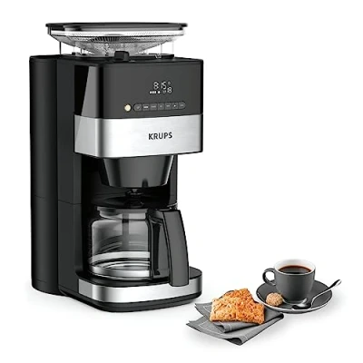 Bild av Krups KM8328 Grind Aroma Kaffemaskin med kvarn, 24 timmars timer, 180 g bönbehållare, 1,25 l kapacitet för upp till 15 koppar kaffe, Automatisk avstängningsfunktion, 3 malnings nivåer, svart