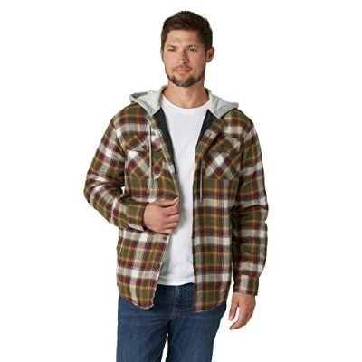 Bild av Wrangler Originals långärmad, quiltad och fodrad flanellskjortjacka med huva för herrar, Oliv natt, XXL