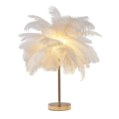 Bild av DUNMW kreativ vit strutsfjäder bord sänglampa ljus lyxig och elegant lampskärm nattlampa bordsbelysning för vardagsrum sovrum heminredning