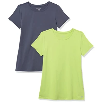 Bild av Amazon Essentials Dames Tech stretchig kortärmad T shirt med rund hals (finns i plusstorlek), 2 Pack, Limegrön/Skiffergrå, S