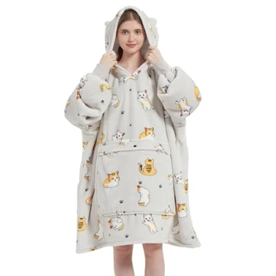 Bild av VERTAST filt hoodie överdimensionerad, sherpa sweatshirt bekvämt foder, plysch mjuk och fluffig filt, för män kvinnor, Grå/katt