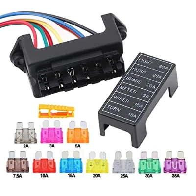 Bild av Aiqeer 6 vägs bilsäkringshållare med överdragning, 2 ingångar 4 utgångar standardblad säkringsblock, marin säkringsbox 10 stycken standardsäkringar (12 V/24 V/32 V/48 V universell)