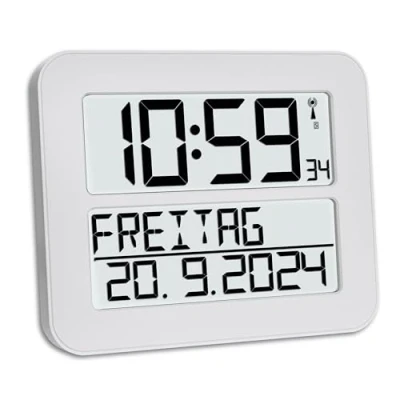 Bild av TFA Dostmann digital radiostyrd väggklocka TimeLine Max, 60.4512.02, stor väggklocka, lättläst, med veckodags och larmfunktion, vit