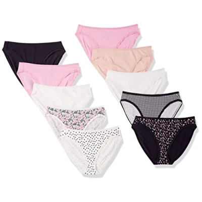 Bild av Amazon Essentials Women&#039;s Korta underkläder i bomull med höga ben (finns plusstorlek), Pack of 10, Blommig/Flerfärgad/Prickar/Rutig, L