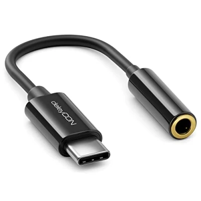 Bild av deleyCON 10cm Hörlursadapter USB C till 3,5 mm Uttag AUX Kompatibel med Apple Samsung Google Huawei Xiaomi Smartphone Mobiltelefon Tablet Bärbar Dator PC Surface etc. Headsetuttag Vit