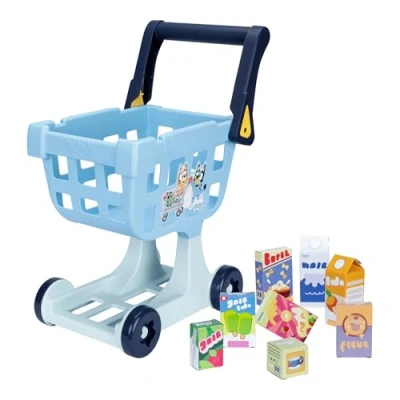 Bild av Bluey shoppingvagnen med fritt rullande hjul och roterande handtag. Den perfekta storleken för småbarn Står 19,3 tum hög 8 färgglada kartonglagsvaror ingår denna vagn