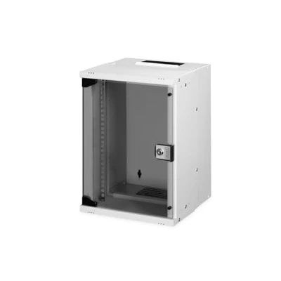 Bild av DIGITUS nätverksskåp 10 tum 9 U väggmontering omonterad HxBxD 457x316x298mm lastkapacitet 30kg användbart djup 254mm IP20 skyddsklass SOHO Pro serien grå