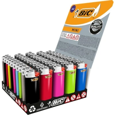 Bild av BIC Mini Flint tändare i olika färger, bricka med 50 stycken