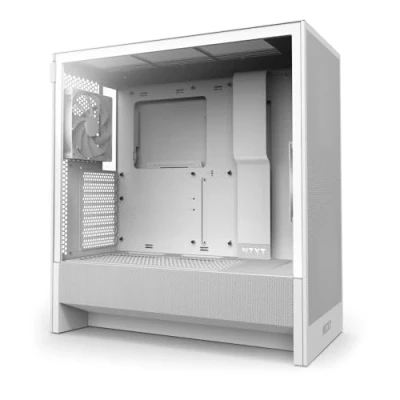 Bild av NZXT H5 Flow Kompakt ATX mid tower datorspelschassi Högt luftflöde 2 x 120 mm fläktar ingår 360 främre och 240 övre radiatorstöd Kabelhanteringssystem Härdat glas Vit