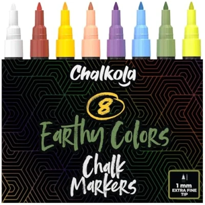Bild av Extra Fine Tip Chalkboard Chalk Pens 1mm Nib Pack of 8 Classic Earth Colors Non Toxic Wet Erase Liquid Ink Markers