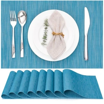 Bild av Myir JUN bordstabletter set med 8, tvättbara halkfria värmeisolerande vävd vinyl för kök matsal restaurang 45 x 30 cm (18 12 tum) (blå)