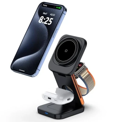 Bild av 3 in 1 Wireless Charging Station for iPhone Foldable Magsafe Charger Stand Apple Watch Travel Dock Night 16/15/14/13 AirPods
