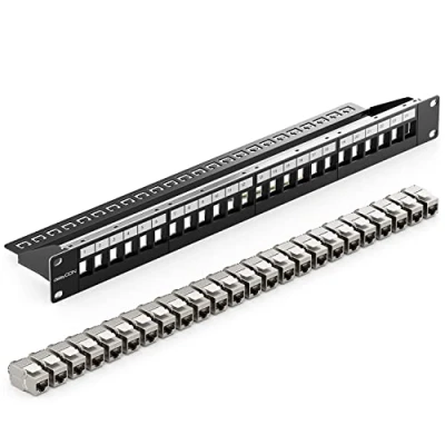 Bild av deleyCON 24 Portar Patchpanel Set Modulärt 1 U 19&quot; Tum Rackinstallation + 24x RJ45 Keystone Moduler CAT6a Kompatibel med CAT5 CAT6 CAT7 LAN Nätverkskabel Installationskabel Svart