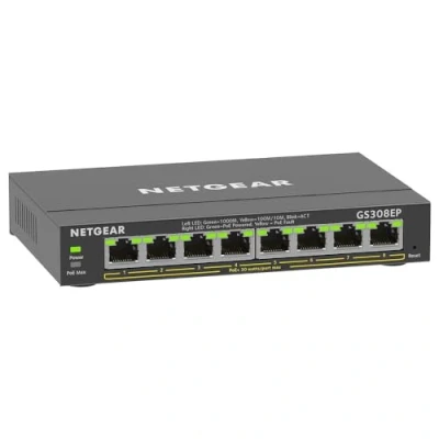 Bild av NETGEAR GS308EP PoE Switch 8 portars Gigabit Ethernet LAN 62W Plus (hanterad nätverksswitch med IGMP Snooping, QoS, VLAN, fläktlöst metallhus), svart