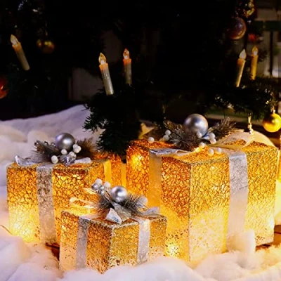 Bild av CCLIFE Set med 3 LED julklappsaskar, julboxar batteridrivna belysningsljus, juldekoration.