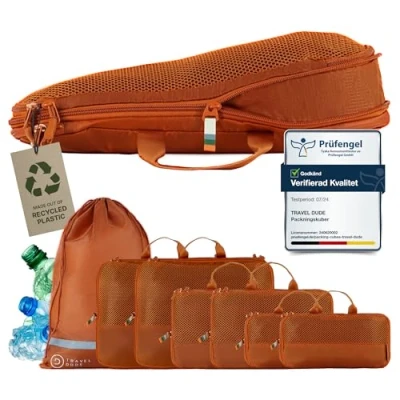 Bild av TRAVEL DUDE packkuber set med kompression tillverkade av återvunna plastflaskor lätta packväska för ryggsäck och resväska Bränd orange, 7 stycken