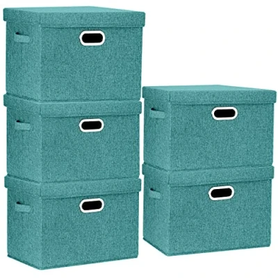 Bild av TYEERS Stor Förvaringslåda med Lock, Vikbar, Tvättbar, Tyglåda 44x30x29 cm, Set om 5, Aqua Deep