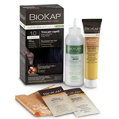 Bild av BIOKAP RAPID Permanent hårfärg 1.0 Natursvart Endast 10 minuter Reaktionstid Ekologisk arganolja TricoREPAIR Complex Vegan Optimal grå täckning Upp till 80% naturliga ingredienser 140 ml