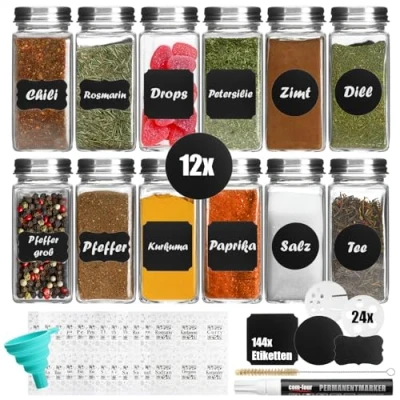 Bild av COM FOUR® 12x kryddburkar med tillbehör kryddkontroll i glas 120 ml, sprinklertillbehör, borste, tratt, etiketter, penna (0012 bitar av glasögon tillbehör)