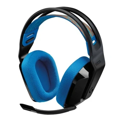 Bild av Logitech G G535 trådlöst LIGHTSPEED spelheadset lätta on ear hörlurar, mikrofon som vänds upp för ljud av, 33 timmars batteritid, kompatibelt med PS5, PS4, PC, USB C laddningsbart svart/blå