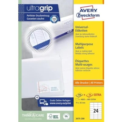Bild av AVERY Zweckform 3475200 adressklistermärken (4 800 plus 480 självhäftande etiketter extra, 70 x 36 mm på A4, matt papper, tryckbara avsändaretiketter, adressetiketter med ultragrepp)