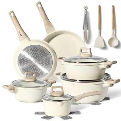 Bild av Just Perfecto set av induktionskastruller, stekpannor med lock, stekpanna 24 cm, 28 kastrullset non stick panna utan PTFE och FOA (15 delars set, beige)