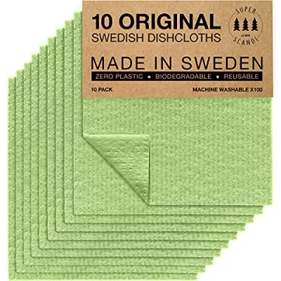 Bild av Svenska disktrasor, miljövänliga, återanvändbara, hållbara, biologiskt nedbrytbara cellulosasvampdukar för kök, tvättdukar, ersättning hushållspapper (10 pack äppelgrön)