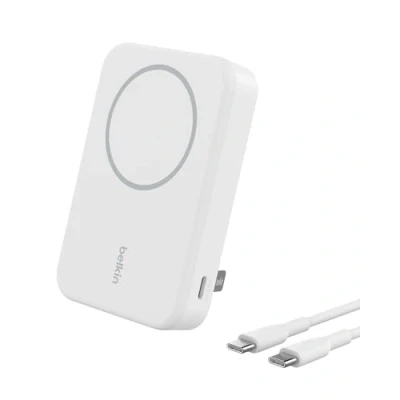 Bild av Belkin BoostCharge Pro trådlös powerbank 10 000 mAh med Qi2, MagSafe kompatibel bärbar laddare + inbyggt utfällbart stöd För iPhone 16, 16 Plus, Pro, Max, 15, m.fl. Vit