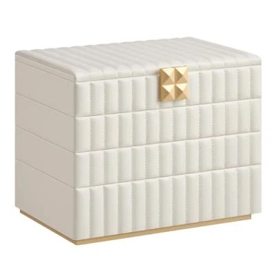 Bild av SONGMICS HOME ANAH Collection Smyckeskrin stapelbart med spegel, smyckesförvaring i 4 nivåer, PU sömmar, smyckesfack, 17 x 28 20,5 cm, presentidé, molnigt vitt JBC181W01