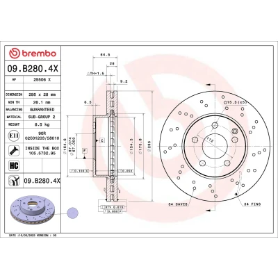 Bild av BREMBO Bromsskiva MERCEDES BENZ: E klass T modell, C Sedan 295mm 28mm 5 Hålad/ventilerad invändigt belagd 09.B280.4X