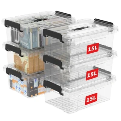 Bild av Cetomo 15 L x 6 förvaringslådor, plastförvaringslåda med lock, organiseringsbehållare handtag och säkra spärrspännen, stapelbar, kapabel, tygkorg för hemmakontorskläder, pack, klar