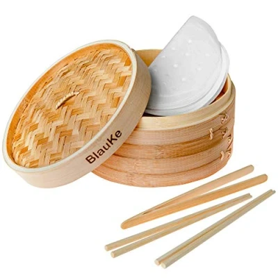 Bild av Bambu Ångkorg 25 Cm Inkluderar 2 Lager Korgar Med Lock, Par Återanvändbara Ätpinnar, 1 Tänger Och 50 Foder Två Trä Ångkokare För Matlagning Dumplingar, Grönsaker, Ris Eller Kött