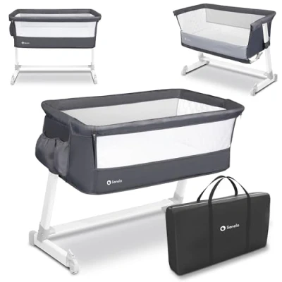 Bild av LIONELO Theo 2 in 1 cot, travel bed, baby sleeping bag, from birth to 9 kg, height and submersible, folding side panel, mosquito net dove grey, high quality mattress