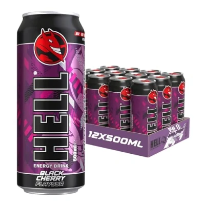 Bild av HELL BLACK CHERRY Energy Drink +20% More Caffeine Vitamins B2, B3, B6, B12, C &amp; D No Preservatives Environmentally Friendly Packaging 12 x 500 ml Compatible with