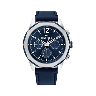 Bild av Tommy Hilfiger Analog multifunktionskvarts klocka för män med marinblå läderrem 1792063
