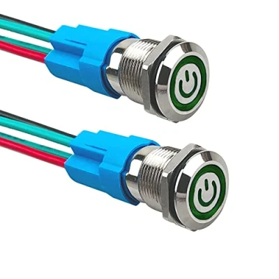 Bild av Aiqeer 2 stycken 12 mm låsande tryckknapp, V/24 V 3 A automatisk tändning startbrytare, IP66 vattentät tryckbrytare i rostfritt stål, med förkopplat uttag (grön LED)