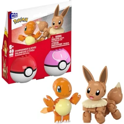 Bild av MEGA Pokémon actionfigur byggleksaksset, 2 pack Poké bollar, Charmander och Eevee, 40 delar, för barn, JCR81