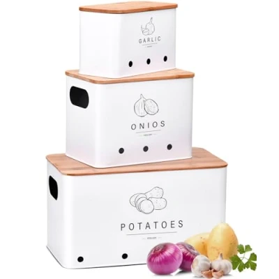 Bild av YESLUSY Potatis förvaringslåda, set om 3, köksförvaring för lök, potatis, vitlök, förvaring, förvaringsbox kök med ventilationshål, förvaring och lång hållbarhet (vit)