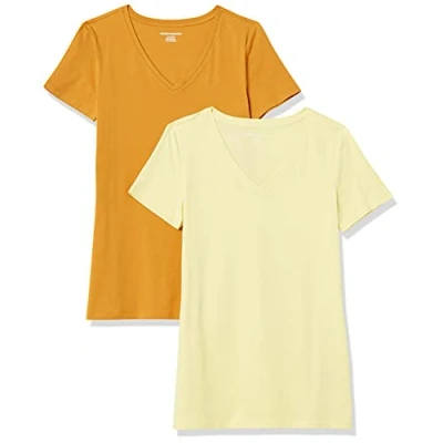 Bild av Amazon Essentials Women&#039;s Kortärmad V ringad T shirt klassisk passform, Pack of 2, Gyllengul/Ljusgul, L
