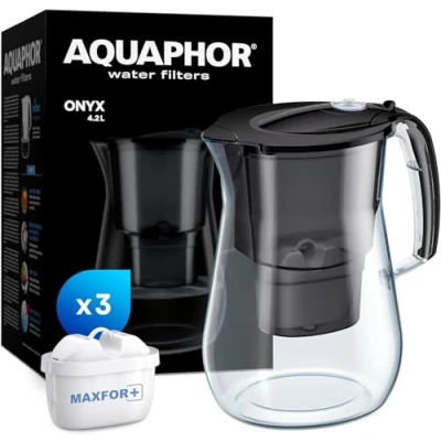 Bild av AQUAPHOR Vattenfilter Onyx Svart inklusive 3 MAXFOR+ Filter I med glasoptik för 4,2 liter Karaff Minskar kalk och klor Perfekt familjen Premiumkvalitet Stilig behållare