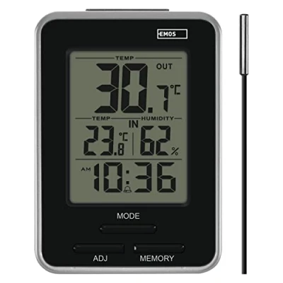 Bild av EMOS Digital termometer med yttersensor, inomhus och utomhustermometer hygrometer, display min. Max. Uppmätta värden, väckarklocka snooze funktion, batteridriven, silver