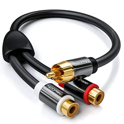 Bild av deleyCON 0,20m Ljud RCA Y Adapter Distributor Kabel för Subwoofer AUX 1x Hane till 2x Hona Guldpläterade Kontakter