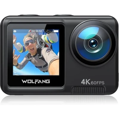 Bild av WOLFANG GA420 Action Cam 4K 60FPS 20MP WiFi Undervattenskamera 40M Vattentät EIS Bildstabilisator Dubbelskärmshjälmkamera (extern mikrofon, fjärrkontroll, 2x1350mAh batterier och tillbehörssats)